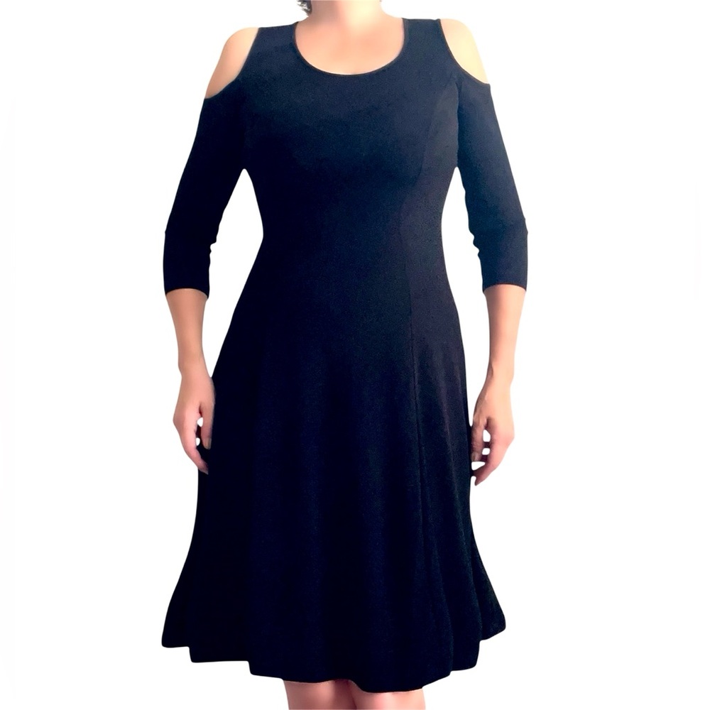 Susan Graver Soft Knit Cold Shoulder Fit & Flare Black Dress All Seasons XS-M